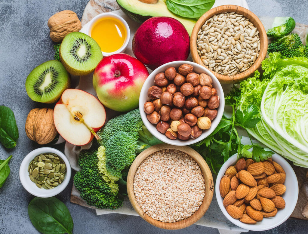 Healthy concept of a balanced diet. Selection of fiber-rich sources from vegan food. Seeds of fruits and vegetables are ingredients for cooking