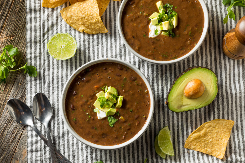 Homemade Organic Black Bean Soup with Cilantro and Avocado